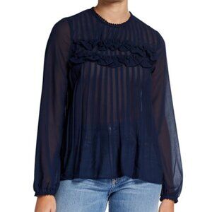 Endless Rose Sheer Navy Pleated Blouse w/ Lace Detail